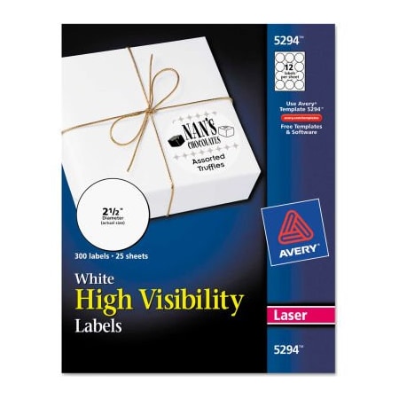 Avery Avery High-Visibility Round Laser Labels, 2-1/2" Dia, White, 300/Pack 5294